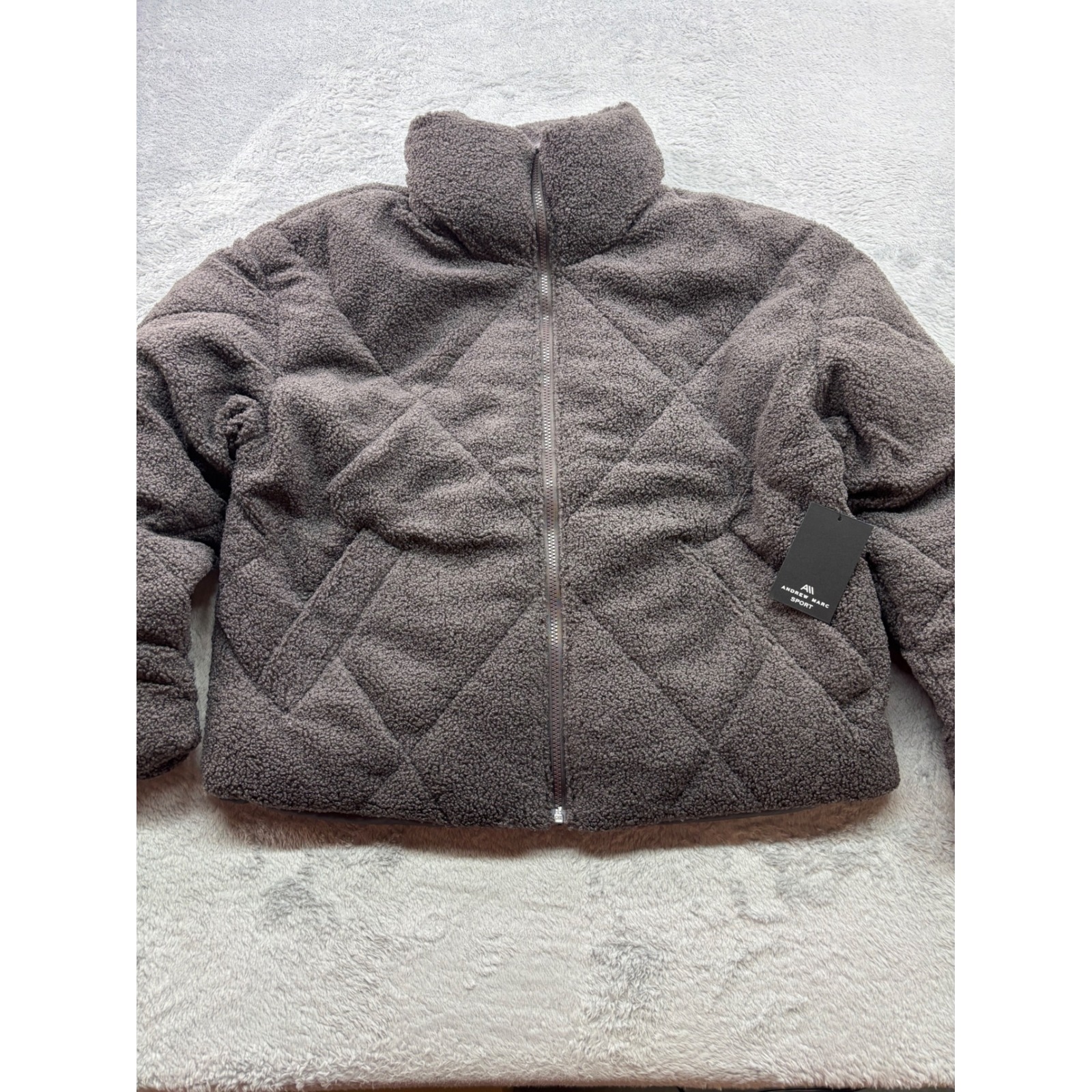 Andrew Marc Sport Quilted Sherpa Fleece Puffer Jacket Mock Neck Gray Size M New